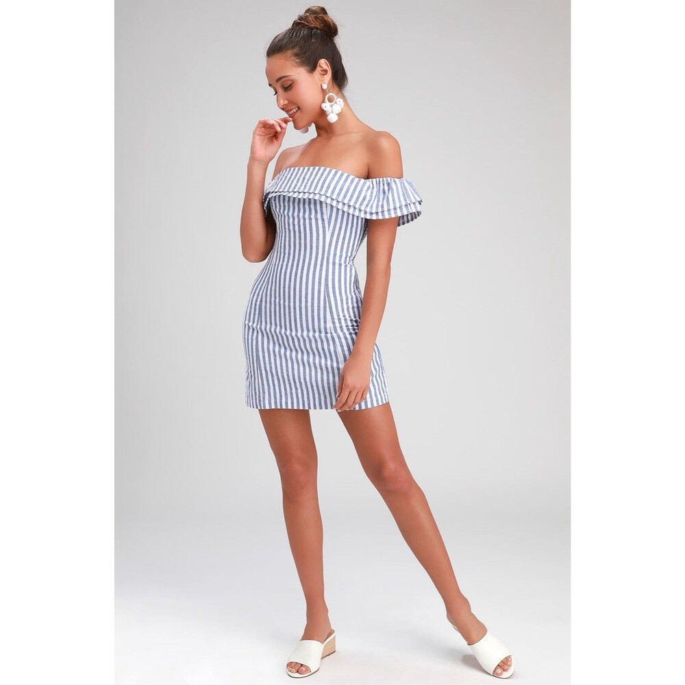 Lulus Seaside Skipper Blue Striped Off the Shoulder Mini Dress Size S NWT